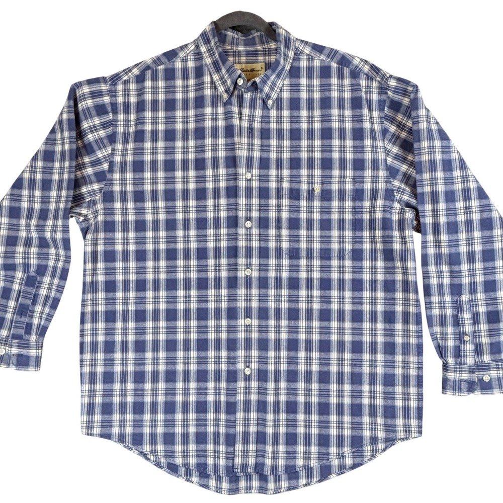 Eddie Bauer Mens Blue White Plaid Button Down Shirt Large Regular Cotton 4366